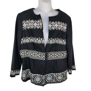 CR Sportswear Women Jacket Size 16 Black Linen Blend Embroidered Lined Shoulder